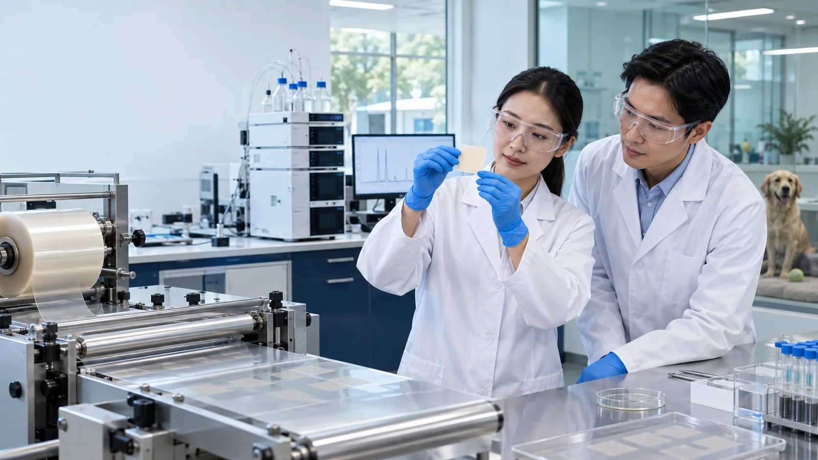 Scientists evaluating pet oral dissolving film in a formulation laboratory