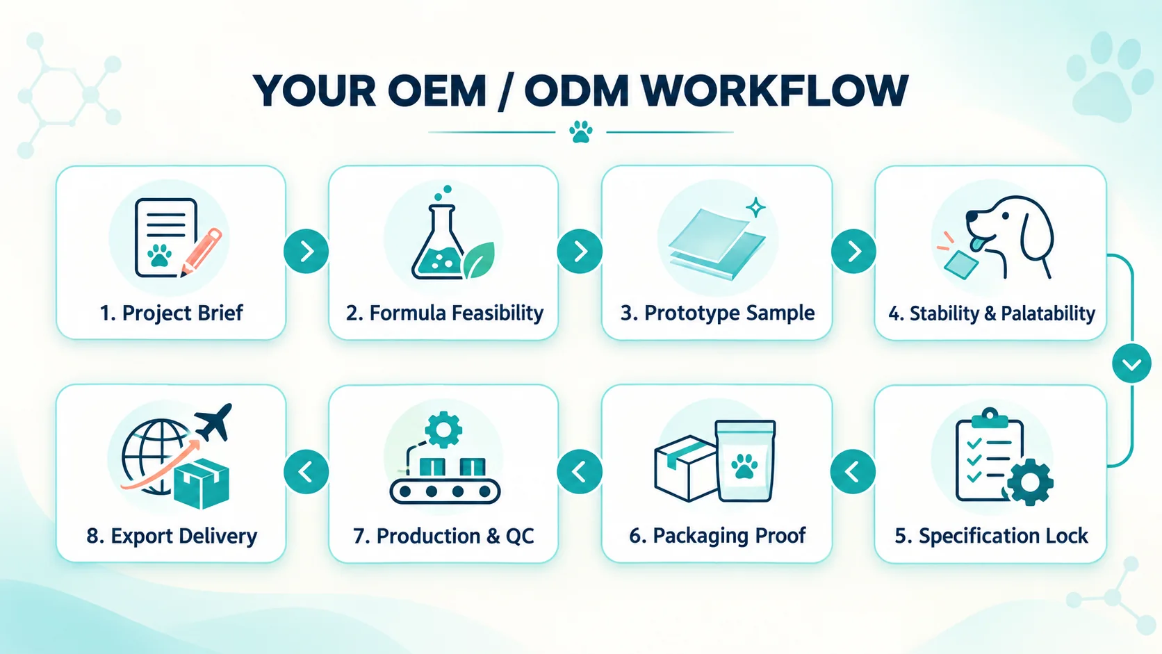 Eight-stage pet oral strips OEM and ODM workflow from project brief to export delivery