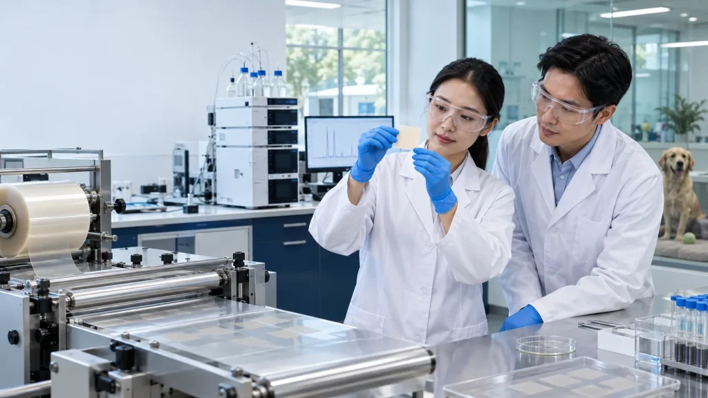 Scientists evaluating oral dissolving film in a formulation laboratory